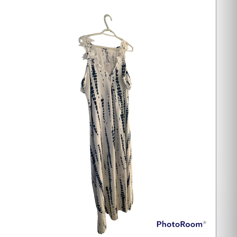 OLGORA  Maxi Dress Size L Cold Shoulder Midi Tie Dye Abstract polkadot